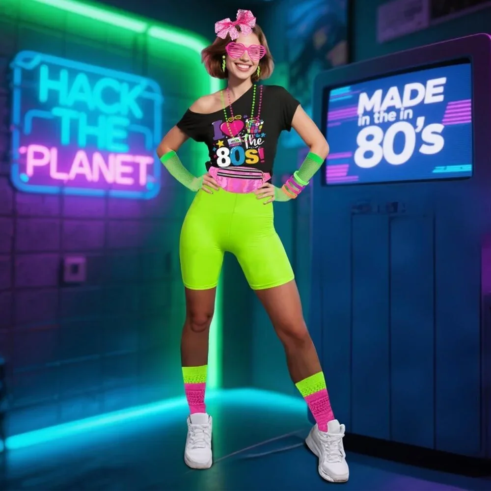 80s Accessories Costume Set for Women Neon Socks Fanny Pack Earrings
